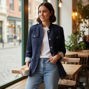 Coldwater Creek Blue Linen Blazer Jacket 12 Buttons Roll Tab Clean Girl Granola